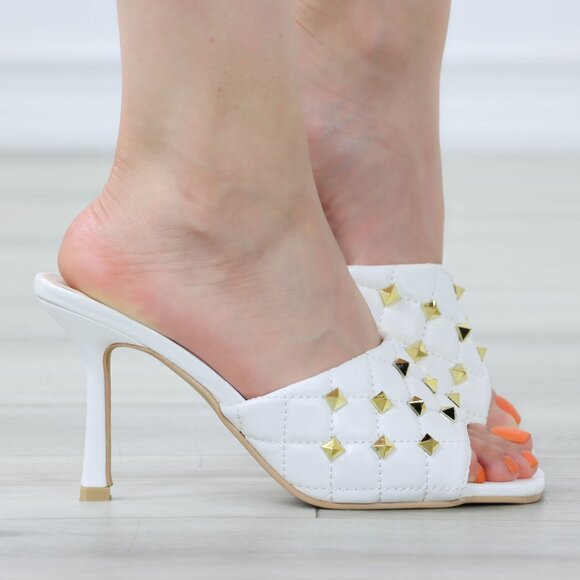 White High Heel Sandals Square Open Toe Slip On Mules Stiletto's - Picture 2 of 11